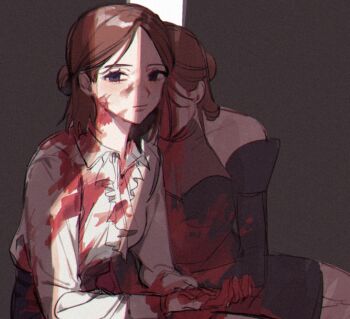 2girls bad_id bad_twitter_id bare_shoulders black_dress black_skirt blood blood_from_forehead blood_on_clothes blood_on_hand brown_hair chloe_nair collared_shirt corpse death detached_sleeves dress expressionless frilled_shirt frills hair_bun identity_v long_sleeves looking_at_viewer medium_hair multiple_girls purple_eyes shirt short_hair siblings sisters sitting skirt spoilers twins vera_nair vera_nair_(fatal_affection) white_shirt yp_(pypy_5_)