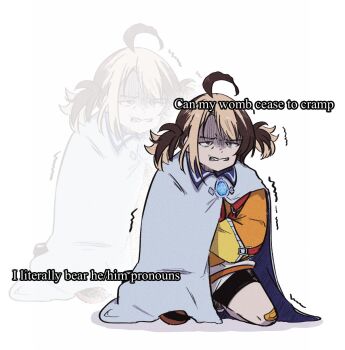 1girl ahoge bandaid bandaid_on_knee bandaid_on_leg bike_shorts blonde_hair brown_hair cape cold commentary english_commentary english_text enigmatic_recollection full_body gigi_murin highres hololive hololive_english long_sleeves medium_hair menstrual_cramps menstruation meyshi multicolored_hair open_mouth simple_background solo teeth trembling two-tone_hair virtual_youtuber white_background white_cape zoom_layer