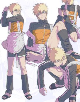 1boy absurdres alternate_costume apron black_socks blonde_hair blue_eyes closed_mouth commentary_request cross-body_stretch facial_mark feet frilled_apron frills full_body highres innagw0 kneehighs korean_commentary long_sleeves looking_at_viewer loose_socks male_focus multiple_views naruto_(series) sandals shoes socks spiked_hair squatting standing toenails toes uzumaki_naruto waist_apron whisker_markings white_apron zipper