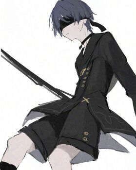 1boy 9s_(nier:automata) 9s_(nier:automata)_(cosplay) android black_shorts black_socks black_suit blindfold blue_hair closed_mouth cosplay crossover expressionless formal_clothes from_side genshin_impact grey_background hair_between_eyes highres humanoid_robot leaning_back long_sleeves monmon_eeee nier:automata nier_(series) protected_link robot scaramouche_(genshin_impact) shade shorts socks solo suit upper_body