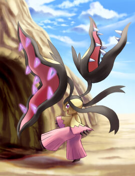 blue_sky claws cloud commentary_request day gen_3_pokemon highres hooh_lin mawile mega_mawile mega_pokemon nintendo open_mouth outdoors pink_eyes pokemon pokemon_(creature) pokemon_focus sharp_teeth sky smile solo standing standing_on_one_leg teeth