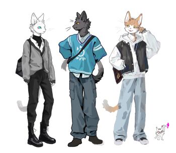 3boys absurdres bag black_fur black_jacket blue_eyes blue_sweater body_fur boots cargo_pants cat_boy claws full_body furry furry_male green_eyes grey_sweater hand_in_pocket highres jacket kimroco male_focus multiple_boys orange_fur original oversized_clothes oversized_sweater pants shoes shoulder_bag simple_background sneakers standing sweater tail whiskers white_background white_fur yellow_eyes