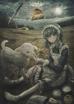 1girl absurdres animal apple apple_slice apron aqua_eyes aqua_hair axeisland baby_animal closed_mouth cloud cloudy_sky collared_dress cup dated_commentary dress flower food frills fruit goat grass highres knife landscape maid maid_apron maid_headdress medium_hair milk ocean on_ground original outdoors pantyhose pie potato power_lines print_pantyhose sitting sky teacup white_apron