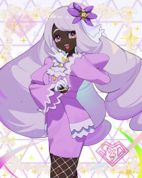 1girl :d commentary dark-skinned_female dark_skin dress eyelashes fishnet_pantyhose fishnets gloves hair_ornament happy highres holding holding_poke_ball hsin jacinthe_(pokemon) long_hair long_sleeves looking_at_viewer luxury_ball nintendo open_mouth pantyhose poke_ball pokemon pokemon_legends:_z-a purple_eyes purple_hair smile solo sparkle teeth tongue upper_teeth_only white_gloves