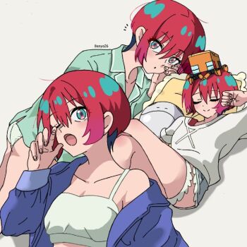 1girl amate_yuzuriha crossed_legs emya26 gundam gundam_gquuuuuux lying multiple_views one_eye_closed pajamas panties red_hair short_hair underwear yawning