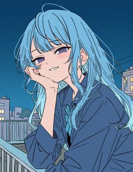 Rule 34 | 1girl, blue eyes, blue hair, elbow rest, hand on own cheek, hand on own face, head rest, highres, hololive, hoshimachi suisei, long hair, long sleeves, looking at viewer, night, night sky, outdoors, seiku092, sky, smile, solo, virtual youtuber