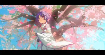 1boy absurdres armor black_sash blue_sky blunt_ends cherry_blossoms closed_mouth clothing_cutout eyeliner eyeshadow falling_petals feathers from_side genshin_impact hand_up highres hip_vent japanese_armor japanese_clothes kariginu kimono kote kurokote layered_sleeves looking_at_viewer makeup male_focus miaoyeza233 outdoors pants parted_bangs petals pink_petals pom_pom_(clothes) purple_eyes purple_hair purple_kimono purple_sleeves purple_veil red_eyeliner red_eyeshadow sash scaramouche_(genshin_impact) scaramouche_(kabukimono)_(genshin_impact) see-through_clothes see-through_veil shoulder_cutout side_cutout sky smile solo string veil white_pants white_sleeves wide_sleeves yellow_feathers