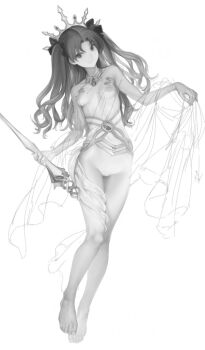 barefoot breasts daftbonkers fate/grand_order fate_(series) greyscale ishtar_(fate) long_hair looking_at_viewer monochrome sketch small_breasts tiara two_side_up unfinished