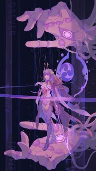 1girl absurdres adapted_costume arm_at_side arm_guards armor black_background breasts bridal_gauntlets cable cape cyborg doll_joints electricity english_text eye_symbol frown genshin_impact giant hair_ornament headgear high_heels highres holding holding_sword holding_weapon in_palm japanese_clothes joints large_breasts leotard light_particles long_hair looking_away mitsudomoe_(shape) out_of_frame outstretched_arm pauldrons puppet puppet_strings purple_eyes purple_hair purple_leotard purple_theme purple_thighhighs raiden_shogun raiden_shogun_(magatsu_mitake_narukami_no_mikoto) shoulder_armor size_difference solo_focus standing sword tassel thighhighs tomoe_(symbol) unsheathed very_long_hair weapon xiao_qiezi_jiang