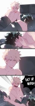 2boys 4koma absurdres bakudeku bakugou_katsuki blonde_hair boku_no_hero_academia bones_(company) comic completely_nude crispyfrites curly_hair freckles green_hair highres messy_hair midoriya_izuku multiple_boys nude pillow shounen_jump sleeping smile spiked_hair waking_up yaoi