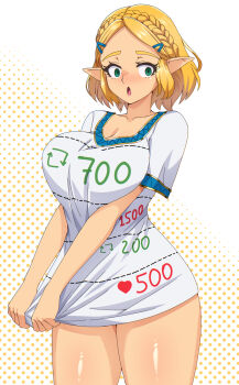 Rule 34 | 1girl, blonde hair, bob cut, braid, breasts, collarbone, commentary, cowboy shot, crown braid, english commentary, green eyes, halftone, halftone background, highres, large breasts, nintendo, open mouth, pointy ears, princess zelda, shirt, shirt tug, short hair, solo, the legend of zelda, the legend of zelda: tears of the kingdom, twitter cutting game, white shirt, zuchysdraws