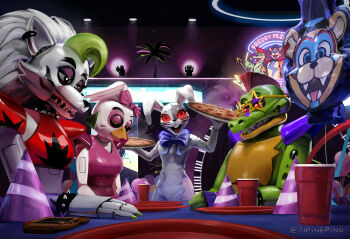 1boy 3girls :d absurdres alpineping animal_costume animal_ears animatronic artist_name balloon black_collar blue_bow blue_bowtie bow bowtie bracelet buck_teeth ceiling_light claws closed_mouth collar commentary cup disposable_cup english_commentary eyelashes eyeshadow fake_animal_ears five_nights_at_freddy's five_nights_at_freddy's:_security_breach food furry furry_female furry_male glamrock_chica glamrock_freddy glowing glowing_eyes green_eyes hair_bow hands_up hat highres holding holding_tray indoors jewelry makeup mohawk montgomery_gator multicolored_hair multiple_girls neon_lights open_mouth palm_tree party_hat patchwork_clothes pink_bow pizza plate purple_eyeshadow rabbit_costume rabbit_ears red_eyes red_hair roxanne_wolf sharp_teeth smile spiked_bracelet spiked_collar spikes standing star-shaped_eyewear star_(symbol) steam striped_hat sunglasses table teeth tray tree twitter_username unworn_hat unworn_headwear upper_teeth_only vanny_(fnaf) white_hair yellow-framed_eyewear