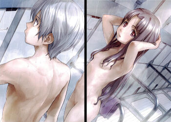 1boy 1girl highres ledo_(suisei_no_gargantia) long_hair mixed-sex_bathing non-web_source nude official_art shared_bathing showering suisei_no_gargantia very_long_hair