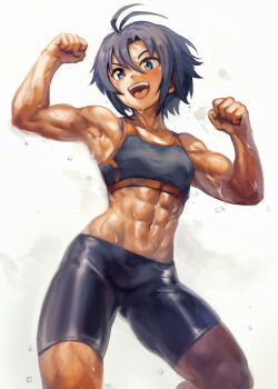 1girl abs antenna_hair armpits arms_up bike_shorts black_hair black_sports_bra breasts idolmaster idolmaster_(classic) kikuchi_makoto muscular muscular_female navel open_mouth purple_eyes short_hair solo sports_bra standing sweat teeth upper_teeth_only white_background yilx
