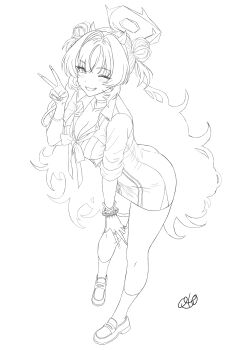 1girl absurdres blue_archive blush bow bowtie bracelet breasts choker cleavage collarbone commentary_request demon_horns double_bun dress fake_horns fingernails fluffy_hair gyaru hair_bun hairband halo hand_on_own_knee highres horn_hairband horns jewelry kirara_(blue_archive) large_breasts lineart long_fingernails long_hair looking_at_viewer loose_bowtie multiple_rings one_eye_closed oto_jampan ring school_uniform shoes short_dress sleeves_rolled_up smile socks solo thick_thighs thighs v very_long_hair white_background wrist_bobbles