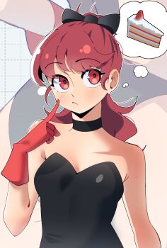 Rule 34 | 1girl, absurdres, alt text, armpit crease, bare shoulders, black bow, black choker, black leotard, bow, breasts, cake, choker, closed mouth, commentary, english commentary, food, gjh, gloves, grid background, hair bow, highres, leotard, multiple views, persona, persona 5, persona 5 the royal, ponytail, red eyes, red gloves, red hair, small breasts, speech bubble, spoken food, standing, strawberry shortcake, thinking, thought bubble, upper body, white background, yoshizawa kasumi