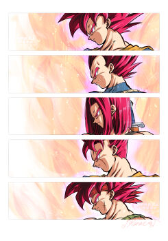 5boys absurdres bandana bardock close-up dragon_ball dragon_ball_heroes dragon_ball_super dragon_ball_super_broly highres kanaetecho male_focus medium_hair multiple_boys profile red_bandana red_eyes red_hair scar scar_on_face son_gohan son_gohan_(future) son_goku spiked_hair super_saiyan super_saiyan_god trunks_(dragon_ball) trunks_(future)_(dragon_ball) vegeta
