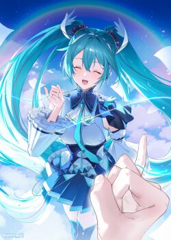 1girl 1other absurdly_long_hair almn_sk aqua_hair aqua_nails aqua_necktie aqua_trim ascot black_skirt black_thighhighs blush breasts closed_eyes cloud collared_shirt commentary detached_sleeves english_commentary facing_viewer gold_trim grey_shirt hair_between_eyes hair_ornament hatsune_miku hatsune_miku_expo highres long_hair long_sleeves medium_breasts necktie open_mouth pleated_skirt pov pov_hands shirt skirt sleeveless sleeveless_shirt smile solo_focus string string_around_finger string_on_pinky thighhighs thread tie_clip twintails twitter_username very_long_hair vocaloid white_ascot white_sleeves wide_sleeves