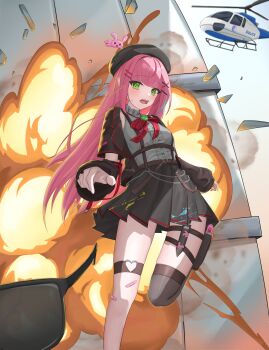 1girl absurdres aircraft bandaid bandaid_on_knee bandaid_on_leg beret black_hat black_jacket black_skirt blunt_bangs bow bowtie brooch center_frills commentary_request explosion foot_out_of_frame frills gem green_eyes green_gemstone grey_shirt hair_ornament hairclip hanako_nana hat heart heart_o-ring helicopter highres jacket jewelry jjalbaaaaa korean_commentary leg_up long_hair long_sleeves looking_at_viewer miniskirt o-ring open_clothes open_jacket open_mouth paint_on_clothes paint_splatter parallel_hairclips peto_(hanako_nana) plaid_bow plaid_bowtie plaid_clothes pleated_skirt police_helicopter red_bow red_bowtie shirt shirt_tucked_in skirt small_sweatdrop solo stellive straight_hair sunglasses thigh_strap virtual_youtuber x_hair_ornament