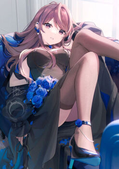 1girl arm_behind_head black_dress black_shoes blue_nails blue_robe breasts brown_eyes brown_hair brown_thighhighs commentary_request couch dress high_heels indoors kagachi_saku long_hair looking_at_viewer on_couch original parted_lips robe shoes signature sitting solo thighhighs