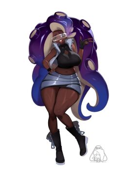 Rule 34 | 1girl, black boots, black shirt, boots, breasts, cleavage cutout, clothing cutout, commentary, crop top, dark-skinned female, dark skin, english commentary, fingerless gloves, full body, gloves, goggles, grey skirt, hand on own hip, large breasts, lipstick, little123blood, long hair, looking at viewer, makeup, marina (splatoon), midriff, navel, nintendo, octoling, one eye closed, open mouth, shirt, simple background, skirt, smile, solo, splatoon (series), standing, standing on one leg, teeth, upper teeth only, very long hair, white background