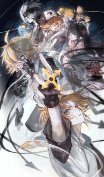 Rule 34 | 3girls, 6+boys, absurdres, ahoge, aotu world, arm up, arrow (symbol), aura, black gloves, black hair, black hat, black headband, black scales, black shorts, black smoke, blonde hair, blood, blood in hair, blood on face, blood on hands, blue eyes, blue hair, chinese commentary, clone, closed eyes, drawstring, energy, fang, fighting stance, fingerless gloves, food-themed hair ornament, gloves, glowing, glowing eye, grey (aotu world), hair ornament, hand on own face, hand up, hat, headband, highres, holding, holding weapon, hood, hoodie, jiulin15737, kaili (aotu world), king (aotu world), king (dark) (aotu world), lemon (aotu world), lemon hair ornament, long hair, looking at viewer, looking up, low twintails, multicolored hat, multicolored hoodie, multiple boys, multiple girls, multiple persona, multiple views, official alternate color, official alternate eye color, official alternate hair color, open mouth, parted lips, pink shirt, pointy ears, q (aotu world), red eyes, shirt, short hair, short sleeves, shorts, sidelocks, smile, solo focus, sparkle, star (symbol), star hair ornament, tears, twintails, weapon, white hair, white hoodie