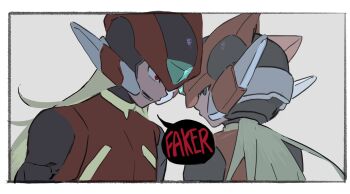 2boys armor black_eyes blonde_hair border english_text forehead_jewel grey_background helmet highres long_hair male_focus mega_man_(series) mega_man_zero_(series) mega_man_zero_3 multiple_boys ny7y2z6fa92dcoy omega_(mega_man) red_armor red_eyes red_helmet simple_background speech_bubble upper_body white_border zero(z)_(mega_man) zero_(mega_man)