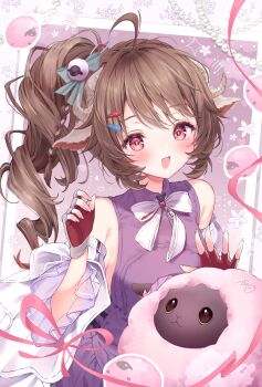 1girl :d absurdres animal_ears ardelia_(arknights) arknights arknights:_endfield bare_shoulders brown_hair commentary_request curled_horns detached_sleeves eyjafjalla_(arknights) fingerless_gloves gloves grey_horns hair_ornament hands_up highres horns little_black_sheep_(arknights) long_hair looking_at_viewer neck_ribbon neru5 open_mouth purple_background purple_shirt red_eyes ribbon sheep sheep_ears sheep_girl sheep_hair_ornament sheep_horns shirt sleeveless sleeveless_shirt smile solo upper_body white_ribbon