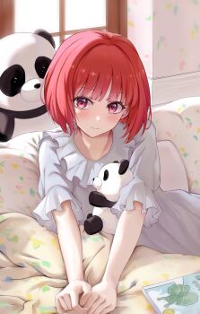 1girl 3: alternate_costume arima_kana backlighting blunt_bangs blush chinese_commentary clenched_hands closed_mouth commentary_request couch dress eyelashes frilled_sleeves frills frown grey_dress grey_pajamas highres indoors looking_at_viewer medium_hair on_couch oshi_no_ko pajamas red_eyes red_hair short_sleeves shubun_(user_gxsx8757) solo straight_hair stuffed_animal stuffed_panda stuffed_toy upper_body v_arms window