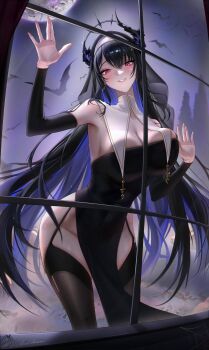 absurdres against_glass bat_(animal) black_hair blue_hair breast_press breasts breasts_on_glass bug cleavage detached_sleeves earrings fingernails highres horns jewelry large_breasts long_fingernails long_hair looking_at_viewer moon multicolored_hair nerissa_ravencroft night night_sky nun red_eyes sky spider thighhighs vilkichan