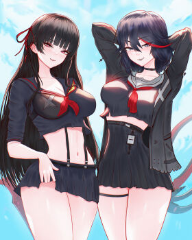 2girls arms_up black_choker black_hair black_jacket black_serafuku black_skirt blue_eyes blue_sky blush breasts chisa_(wuthering_waves) choker cleavage collarbone commentary cosplay costume_switch crop_top day hair_between_eyes hair_ribbon high-waist_skirt highres jacket kill_la_kill large_breasts long_hair look-alike looking_at_viewer matoi_ryuuko mcdobo medium_hair mole mole_under_eye multicolored_hair multiple_girls navel neckerchief outdoors paid_reward_available parted_lips red_eyes red_neckerchief red_ribbon ribbon sailor_collar school_uniform senketsu serafuku skirt sky smile stomach streaked_hair suspender_skirt suspenders sword thigh_strap thighs weapon white_sailor_collar wuthering_waves
