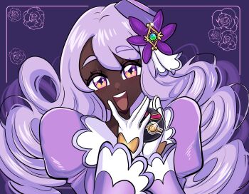 1girl dark-skinned_female dark_skin dress flower gloves highres holding holding_poke_ball jacinthe_(pokemon) luxury_ball mega_stone missandydandy nintendo orange_eyes poke_ball pokemon pokemon_legends:_z-a purple_background purple_dress purple_hair rose