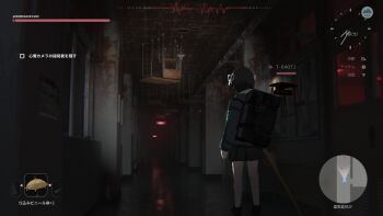 1girl bow button_prompt case clock drone fake_screenshot gameplay_mechanics green_jacket hair_ribbon hallway heads-up_display horror_(theme) jacket lost_property_control_organization_(samidare) minimap on_ceiling protagonist_(lost_property_control_organization) ribbon samidare_(hoshi) t-6407j_(samidare) translated umbrella user_interface white_ribbon