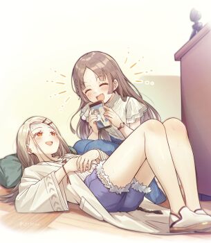 2girls :d blonde_hair blouse blue_shorts blue_skirt blunt_ends blush brown_hair camisole cellphone cellphone_photo closed_eyes commentary_request denim denim_shorts earrings facing_another gakuen_idolmaster hair_ornament hairclip hands_on_own_chest hands_up happy highres holding holding_phone idolmaster jewelry knees_up ktrtpem kuramoto_china long_hair long_skirt long_sleeves looking_at_another looking_up lying multiple_girls on_back on_floor open_clothes open_mouth open_robe orange_eyes parallel_hairclips parted_bangs phone pillow robe shinosawa_hiro shirt shoes short_sleeves shorts skirt smartphone smile squatting stud_earrings sweat table twitter_username watch white_camisole white_robe white_shirt white_shoes wide_sleeves wristband wristwatch