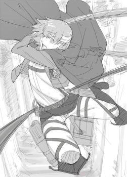 Rule 34 | 1boy, armin arlert, blonde hair, boots, greyscale, jacket, long sleeves, male focus, military, military uniform, monochrome, rinda, shingeki no kyojin, short hair, sketch, solo, sword, three-dimensional maneuver gear, tree, weapon