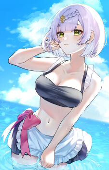 1girl absurdres adapted_costume apron bare_arms bikini bikini_top_only black_bikini black_skirt blunt_bangs braid breasts cleavage closed_mouth collarbone cowboy_shot genshin_impact green_eyes hair_ornament hand_in_own_hair highres large_breasts maid maid_bikini medium_hair miniskirt noelle_(genshin_impact) ocean outdoors skirt solo standing summer swimsuit thigh_gap tsuchinoko_(vjde8458) unconventional_maid wading waist_apron white_apron white_hair