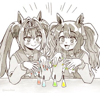2girls animal_ears blue_nails blush bow bowtie closed_mouth collarbone daiwa_scarlet_(umamusume) green_nails hair_between_eyes hair_intakes highres horse_ears horse_girl long_hair long_sleeves mazu1kan monochrome multicolored_nails multiple_girls nail_polish open_mouth red_nails sailor_collar sailor_shirt school_uniform shirt smile spot_color tiara tosen_jordan_(umamusume) tracen_school_uniform twintails umamusume very_long_hair yellow_nails