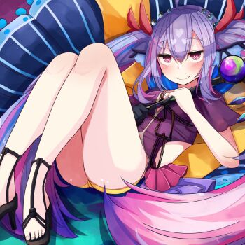 1girl ass black_gloves black_sandals breasts chaos_mermaid_(grimms_notes) closed_mouth fins gloves grimms_notes hair_between_eyes half-closed_eyes head_fins highres holding holding_staff jewelry kumano_plan light_blush long_hair looking_at_viewer necklace panties pink_eyes purple_hair purple_shirt sandals shirt single_glove sitting smile solo staff thighs toenails twintails underwear very_long_hair yellow_panties
