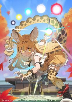 1girl animal_ears animal_print bare_shoulders black_boots blonde_hair blush boots bow cat_ears cat_girl cat_print collared_shirt dragon_girl dragon_serval_(kemono_friends) dragon_tail energy_ball extra_ears fingerless_gloves frilled_gloves frilled_skirt frilled_thighhighs frills gloves glowing glowing_eyes hair_between_eyes high-waist_skirt japari_symbol kemono_friends kemono_friends_3 long_hair looking_at_viewer necktie nishiki_kazue official_art pleated_skirt print_gloves print_necktie print_thighhighs shirt shrine sidelocks skirt sleeveless slit_pupils smile solo tail tail_bow tail_ornament thighhighs white_shirt yellow_eyes yellow_necktie yellow_skirt yellow_thighhighs zettai_ryouiki