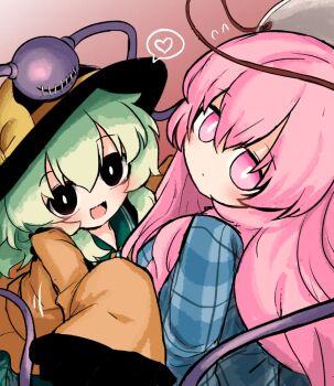2girls black_eyes black_hat blue_shirt bow buttons commentary_request diamond_button expressionless eyeball floral_print flying_sweatdrops frilled_shirt_collar frilled_sleeves frills green_hair green_skirt hat hat_bow hat_ribbon hata_no_kokoro heart heripantomorrow komeiji_koishi mask mask_on_head multiple_girls pink_eyes pink_hair plaid_clothes plaid_shirt ribbon rose_print shirt skirt sleeves_past_wrists smile spoken_heart stitched_eye third_eye touhou wide_sleeves yellow_bow yellow_ribbon yellow_shirt