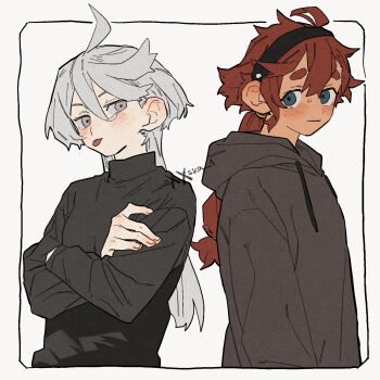 2girls black_hairband black_hoodie black_shirt blue_eyes blush closed_mouth commentary crossed_arms drawstring exxska_1 grey_eyes grey_hair gundam gundam_suisei_no_majo hairband highres hood hoodie long_hair miorine_rembran multiple_girls ponytail red_hair shirt simple_background suletta_mercury thick_eyebrows upper_body white_background