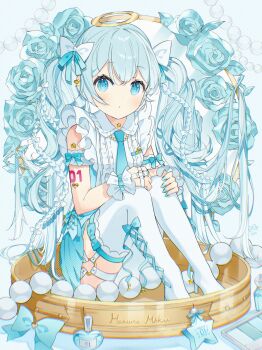 1girl aqua_eyes aqua_flower aqua_hair aqua_nails aqua_necktie aqua_rose arm_tattoo bow character_name collared_shirt commentary_request croix_(croixtw) flower frilled_shirt frilled_shirt_collar frilled_sleeves frills hair_between_eyes hair_bow hair_ornament hatsune_miku highres jewelry long_hair looking_at_viewer musical_note necktie number_tattoo o-ring_garter_belt pantyhose rose shirt sitting solo string_of_pearls tattoo twintails very_long_hair vocaloid white_pantyhose white_shirt wrist_cuffs