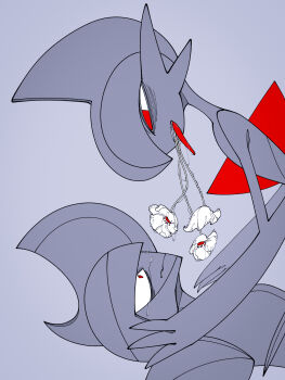 2others arm_blade bisharp body_horror clenched_teeth facing_another flower flower_in_mouth gallade gen_4_pokemon gen_5_pokemon grey_helmet half-closed_eyes hand_on_another&#039;s_face hands_on_another&#039;s_shoulders helmet highres looking_at_another looking_down looking_up mohawk multiple_others nintendo open_mouth out_of_frame parasite partially_colored pokemon pokemon_(creature) pokemon_focus red_eyes saliva saliva_trail shoulder_pads spot_color surprised teeth tongue tongue_out umi-be-to weapon white_background white_flower wide-eyed