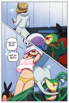 1girl armpits arms_up professor_juniper biting biting_clothes blush breasts brown_hair camisole camisole_lift character_print closed_eyes clothes_lift clothes_pull coat collarbone comic earrings embarrassed english_text euf-dreamer female_focus from_behind gen_1_pokemon gen_2_pokemon gen_3_pokemon gen_4_pokemon gen_5_pokemon green_skirt hair_bun half-closed_eyes highres humiliation indoors jewelry lab_coat laboratory legs long_hair long_sleeves medium_breasts midriff molestation multiple_views navel neck nintendo open_mouth oshawott pachirisu panties pervert pichu pikachu pink_camisole plant plusle pokemon pokemon_(creature) pokemon_bw pokemon_print print_panties shirt shirt_lift size_difference skirt skirt_pull smug snivy speech_bubble standing talking tepig thighs thighs_together underwear underwear_only undressing_another unworn_clothes vine_whip vines white_coat yellow_panties