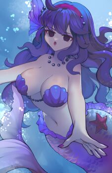 1girl @_@ absurdres ahoge air_bubble alternate_breast_size_(larger) artsi_kairi bikini blue_background breasts bubble commission commissioner_upload fins hairband head_fins hex_maniac_(pokemon) hex_maniac_(pokemon_xy) highres huge_breasts jewelry kneeless_mermaid mermaid messy_hair monster_girl monsterification necklace nintendo non-web_source open_mouth pearl_necklace pokemon pokemon_xy purple_eyes purple_hairband purple_nails scales seashell shell shell_bikini solo starfish swimsuit underwater vgen_commission