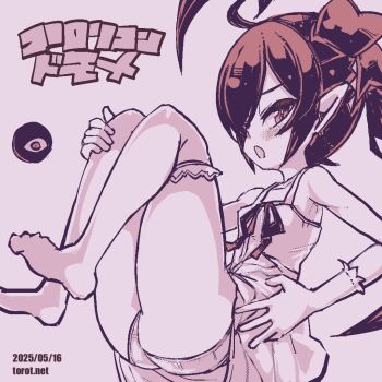 1girl ass backbeako_(torotei) backbeard blush breasts commentary dated dated_commentary dress dress_ribbon from_side gegege_no_kitarou gloves hair_over_one_eye hair_ribbon knees_up kono_lolicon_domome long_hair looking_at_viewer monochrome no_shoes one_eye_closed open_mouth original paid_reward_available panties pink_background pink_theme pointy_ears ribbon simple_background sleeveless sleeveless_dress small_breasts solo thighhighs torotei translated twintails underwear watermark web_address