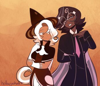 1boy 1girl bishounen black_coat breasts brown_dress brown_eyes brown_hair brown_hat coat commentary cookie_run cookie_run:_kingdom dark-skinned_female dark-skinned_male dark_skin dress english_commentary espresso_cookie glasses grin hair_over_one_eye hat highres humanization latte_cookie long_hair long_sleeves medium_breasts medium_hair multicolored_hair orange_background round_eyewear sable_(sableskies) simple_background smile streaked_hair upper_body very_dark_skin very_long_hair warm_colored white_hair witch_hat