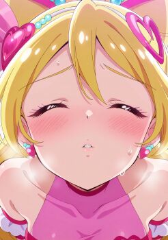 1girl aachan_(aacyanchi) blonde_hair blush closed_eyes collarbone cure_idol dot_nose earrings facing_viewer frills hair_ornament halterneck heart heart_earrings heart_hair_ornament heavy_breathing highres incoming_kiss jewelry kimi_to_idol_precure loli long_hair magical_girl parted_lips precure raised_eyebrows sakura_uta_(precure) simple_background solo sweat upper_body waiting_for_kiss white_background