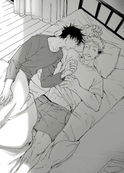 Rule 34 | abs, bed, collarbone, commentary request, curtains, drooling, fushiguro megumi, indoors, itadori yuuji, jj59u, jujutsu kaisen, large hands, long sleeves, looking at another, male focus, male underwear, male underwear peek, midriff, mouth drool, navel, on bed, open mouth, scar, scar on face, scar on mouth, short hair, shorts, sleeping, spiked hair, under covers, underwear, yaoi