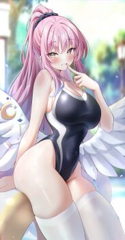 Rule 34 | 1girl, absurdres, arm support, ass, black one-piece swimsuit, blue archive, blurry, blurry background, blush, breasts, cleavage, commentary, feathered wings, finger to mouth, fingernails, groin, hair ornament, hair scrunchie, highres, large breasts, long hair, looking at viewer, mika (blue archive), one-piece swimsuit, outdoors, pink hair, ponytail, reneua, scrunchie, skindentation, smile, solo, swimsuit, thighhighs, trinity general school swimsuit, very long hair, white thighhighs, white wings, wings, yellow eyes
